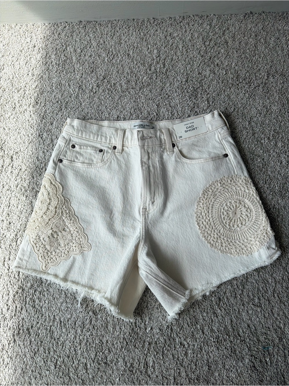 Abercrombie Women's White Dad Short with Crochet Patch Detail